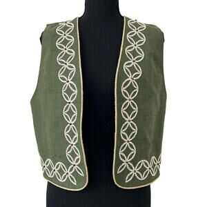 Vintage Lizsport Embroidered vest Olive Green Beaded boho renaissance festival S
